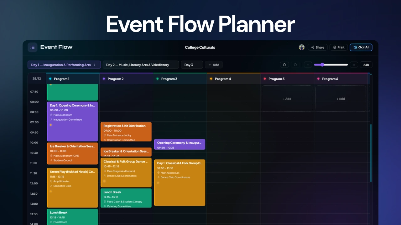 Event Planner event flow / run-of-show screen